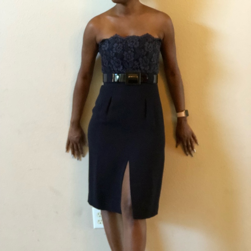 CHANEL-Authentic Strapless Navy Lace Bodice Sheath Dress ASO Selena Gomez